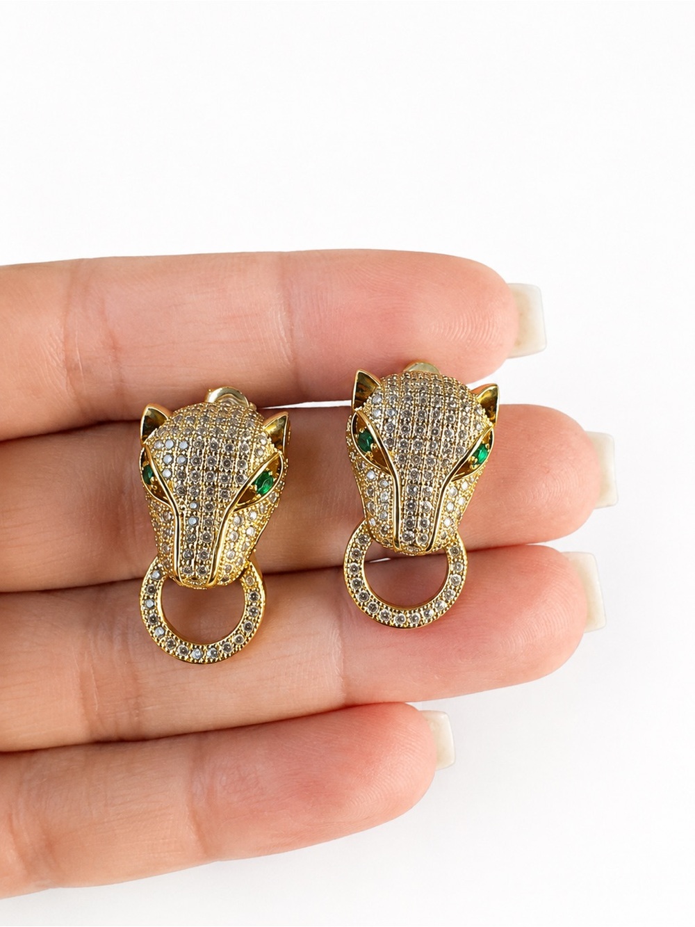 Green Stone Eyes Panther Earrings